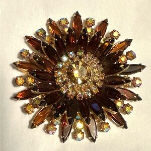 Juliana Flower 2 Tier Brooch Amber Color & AB Rhinestones